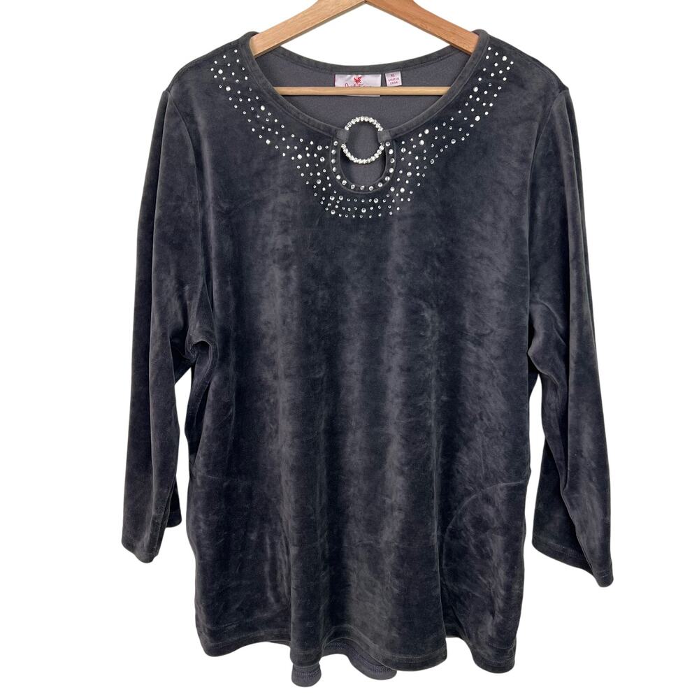 Quacker Factory‎ XL Gray Velour Bling Embellished Keyhole Long Sleeve Tunic